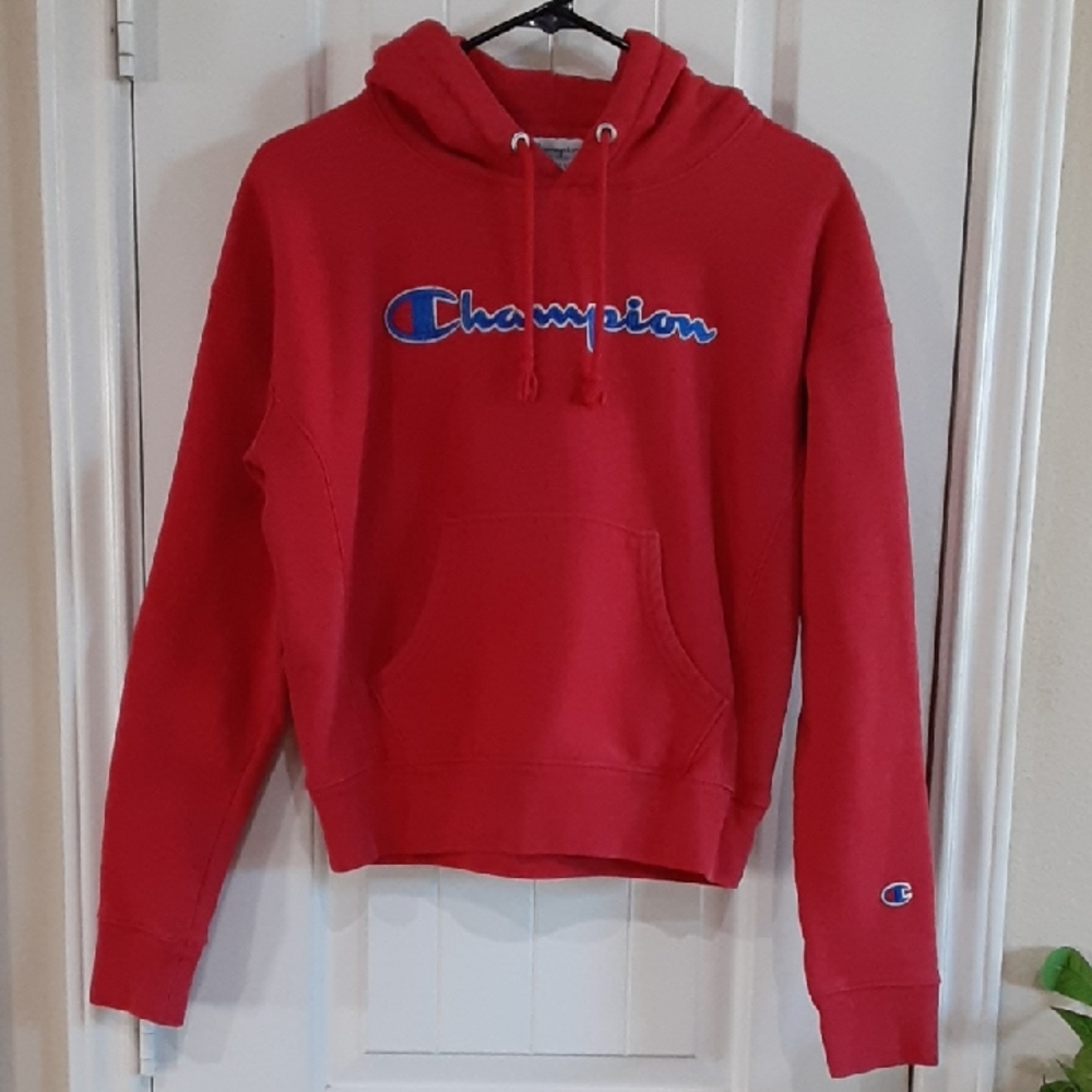Champion Reverse Weave Red Pullover Hoodie - Blue Embroidered Script Logo-Small
